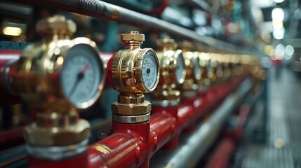 A close-up image of intricate brass pressure gauges mounted on red industrial pipes, showcasing the complexity of modern manufacturing and production processes