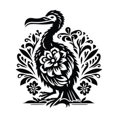 Fototapeta premium Dodo with folk art decoration in black and white illustrations, cutout graphic