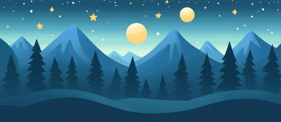 Fototapeta premium Illustration of a flat landscape featuring trees mountains a moon and stars