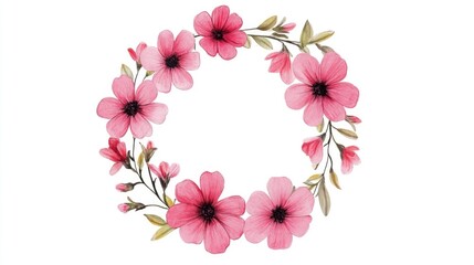Hand drawn circular wreath featuring vibrant pink flowers Flat design illustration