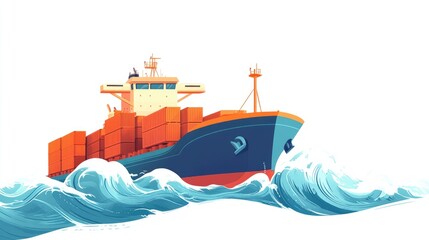 Obraz premium Container ship illustration navigating ocean waves in a flat style Represents marine business cargo transport and global delivery with a clean white background