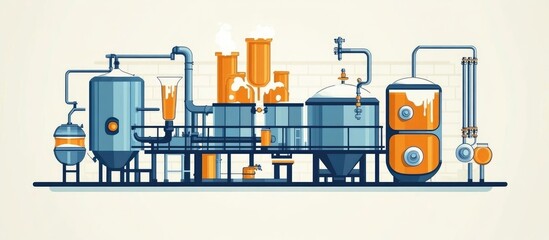 Fototapeta premium Beer production process including fermentation filtration boiling cooling and filling Brewing facility production line or beverage manufacturing process depicted in flat design
