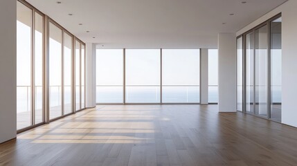 Fototapeta premium Minimalist interior of an empty room featuring large panoramic windows a balcony with a sea view wooden parquet flooring and contemporary architectural design rendered in 3D