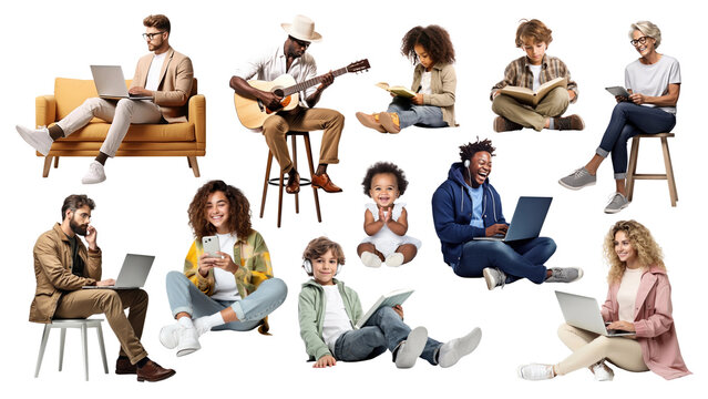 PNG people sitting pose set, transparent background - Powered by Adobe