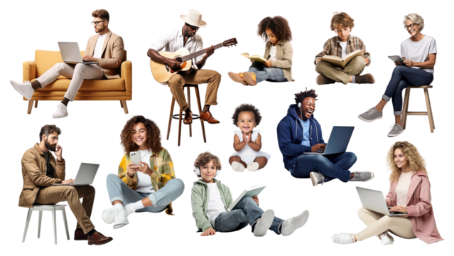 PNG people sitting pose set, transparent background