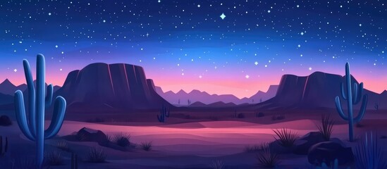 Fototapeta premium Flat illustration depicting a nighttime desert landscape