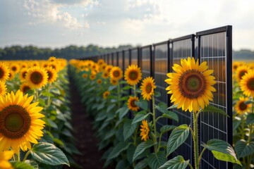 Sunflower solar farm. Rows of sunflowers growing alongside solar panel array, illustrating harmonious integration of agriculture and renewable energy.