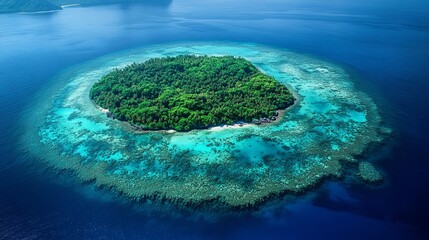 Fototapeta premium A ring of coral reefs encircling a tropical island, teeming with colorful marine life