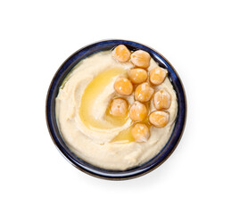 Delicious hummus with olive oil and chickpeas isolated on white, top view