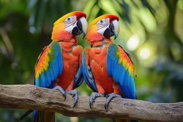 Obraz premium Macaws (Ara ararauna), pair, native to South America, captive, Wachenheim, Germany, Europe, ai