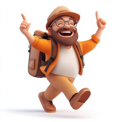 A man traveler cartoon and 3D like, he is happy, isolated earth map background