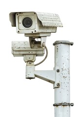 Fototapeta premium A camera mounted on a pole with a white background, suitable for capturing overhead shots or displaying in a studio setting