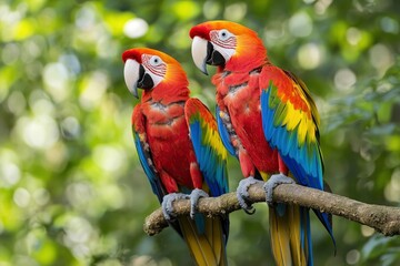 Macaws (Ara ararauna), pair, native to South America, captive, Wachenheim, Germany, Europe, ai