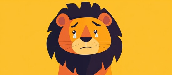 Fototapeta premium Cartoon illustration of a lion with a flat color design expressing sadness through tears