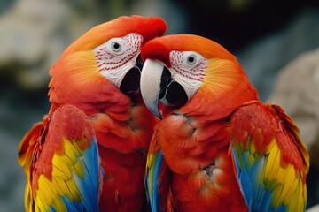 Fototapeta premium Macaws (Ara ararauna), pair, native to South America, captive, Wachenheim, Germany, Europe, ai