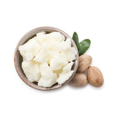 Shea butter in bowl and nuts isolated on white, top view