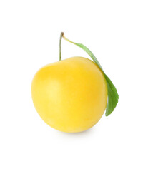 Ripe plum with leaf isolated on white