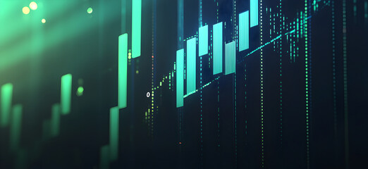 Digital Data Visualization with Neon Green and Blue Bars in a Futuristic Financial Analysis Theme, Representing Stock Market Trends and Technological Progress