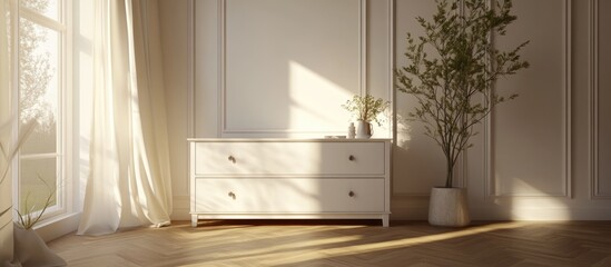 Fototapeta premium Minimalist white interior featuring a dresser on wooden flooring decorated walls and a white landscape visible through curtained windows 3D illustration of a Nordic home aesthetic