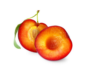 Halves of ripe plum isolated on white