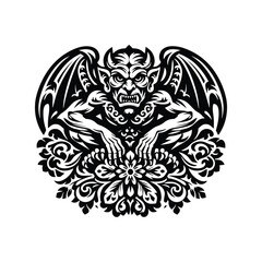 Fototapeta premium gargoyle creature with folk art decoration in black and white illustrations, cutout graphic black and white illustration