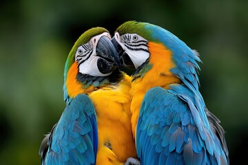 Fototapeta premium Macaws (Ara ararauna), pair, native to South America, captive, Wachenheim, Germany, Europe, ai