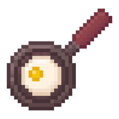 fried egg in skillet pixel art icon , breakfast, frying pan, 90s, 80s, old arcade game style, icon for game, mobile app, 8 bit, vector illustration