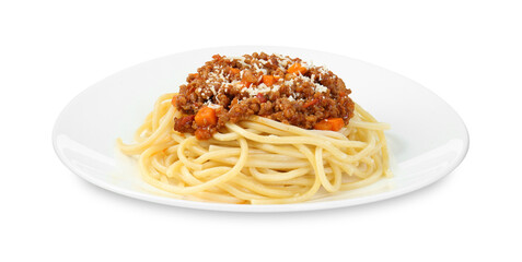 Plate with tasty pasta bolognese isolated on white
