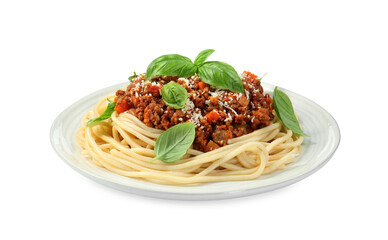 Delicious pasta bolognese with basil isolated on white