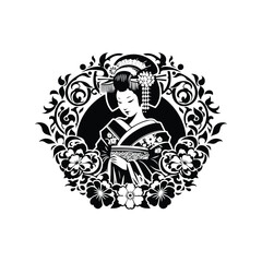 Obraz premium geisha inside folk art decoration in black and white illustrations, cutout graphic