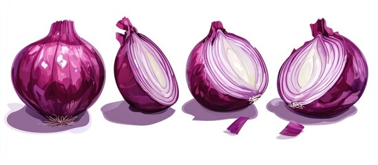 Isolated sliced red onion against a white background viewed in an isometric perspective Raster image