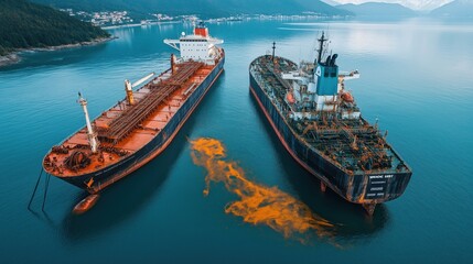 Aerial view of two large cargo ships in blue waters, with a visible orange spill spreading between them, surrounded by mountains and coastal buildings in the background.