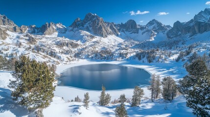 A ring of snowy peaks surrounding a frozen lake in the heart of a mountain range