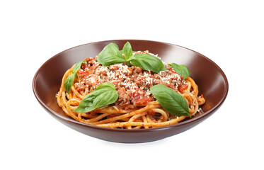 Delicious pasta bolognese with basil isolated on white
