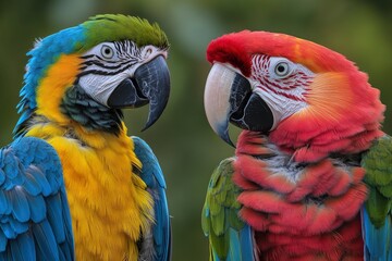 Macaws (Ara ararauna), pair, native to South America, captive, Wachenheim, Germany, Europe, ai