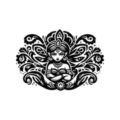 Genie female with folk art decoration in black and white illustrations, cutout graphic black and white illustration
