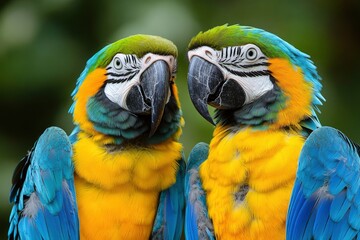 Macaws (Ara ararauna), pair, native to South America, captive, Wachenheim, Germany, Europe, ai