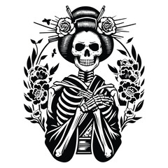 Fototapeta premium geisha skeleton with folk art decoration in black and white illustrations, cutout graphic