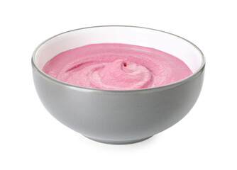 Tasty beetroot hummus in bowl isolated on white