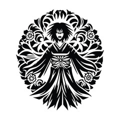 Fototapeta premium ghost lady with folk art decoration in black and white illustrations, cutout graphic