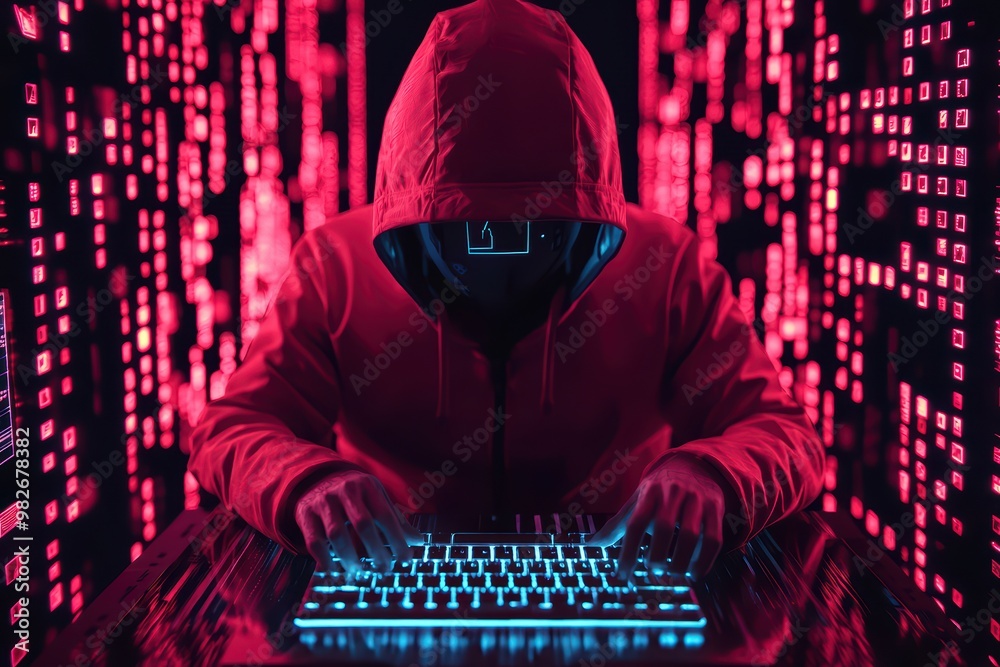 Poster a mysterious figure in a hoodie is typing on a glowing keyboard against a backdrop of digital data s
