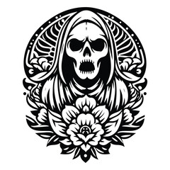 Fototapeta premium ghost with folk art decoration in black and white illustrations, cutout graphic