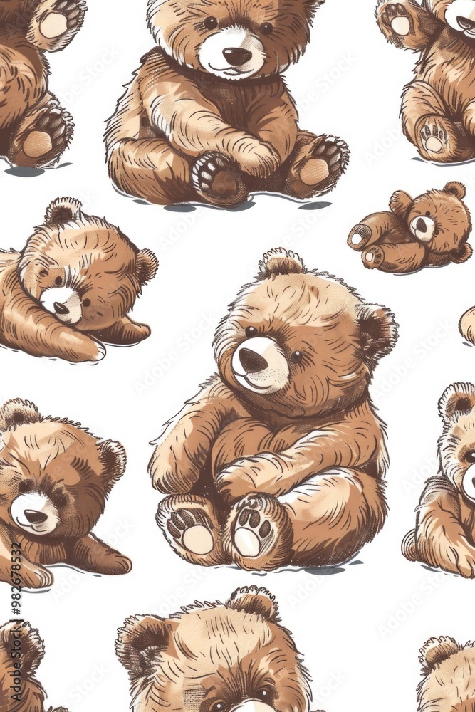 Poster A group of cuddly brown bears seated side by side, perfect for various applications including children's products, advertisements, or editorial content