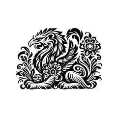 Fototapeta premium Griffin with folk art decoration in black and white illustrations, cutout graphic