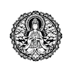 Fototapeta premium Guan Yin goddess inside folk art decoration in black and white illustrations, cutout graphic