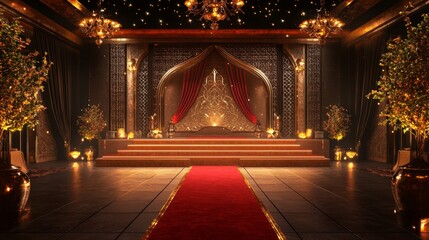 Fototapeta premium Luxurious 3D-Rendered Event Hall with Ornate Stage, Red Carpet, and Elegant Decor and Lighting