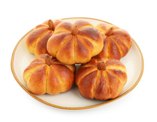 Tasty pumpkin shaped buns isolated on white