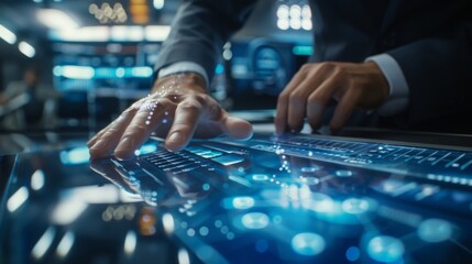 Businessman analyzing futuristic data on a transparent touchscreen, modern office setting
