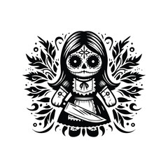 haunted doll holding knife female horror with folk art decoration in black and white illustrations, cutout graphic black and white illustration