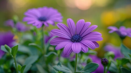 Close-up of beautiful vibrant purple flowers in full bloom with a soft-focused green and yellow background, showcasing the delicate petals and fine details in a natural setting